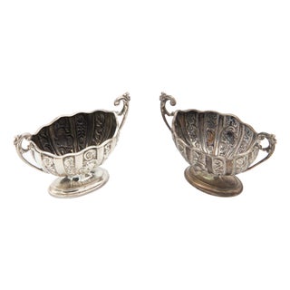 Silver Salt Shakers with Elliptical Bases and Reliefs, Set of 2 For Sale