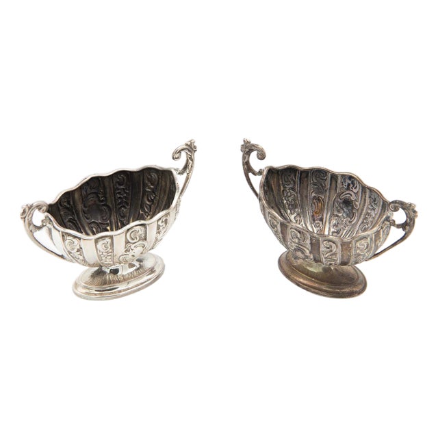 Silver Salt Shakers with Elliptical Bases and Reliefs, Set of 2 For Sale