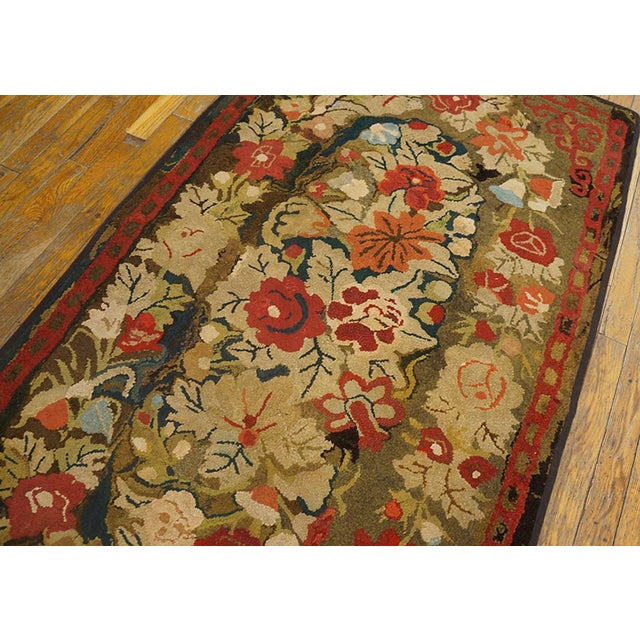 American 1890s Brown Floral Folk Art Antique American Hooked Rug 3'0" X 5'2" Handknotted Wool Carpet For Sale - Image 3 of 5