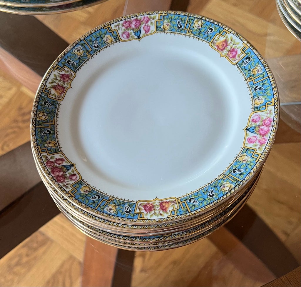 1920s Limoges France Mf Roses, Blue, Gold Rim Dinner Set & Serving