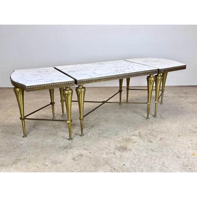 Mid 20th Century Mid 20th Century French Neoclassical Regency Style Tripartite X-Base Brass & Carrara Marble Tables For Sale - Image 5 of 12