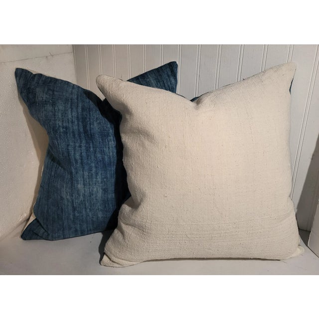 19Thc Cotton homespun linen fabric pillows.Blue on the front & white linen backing.