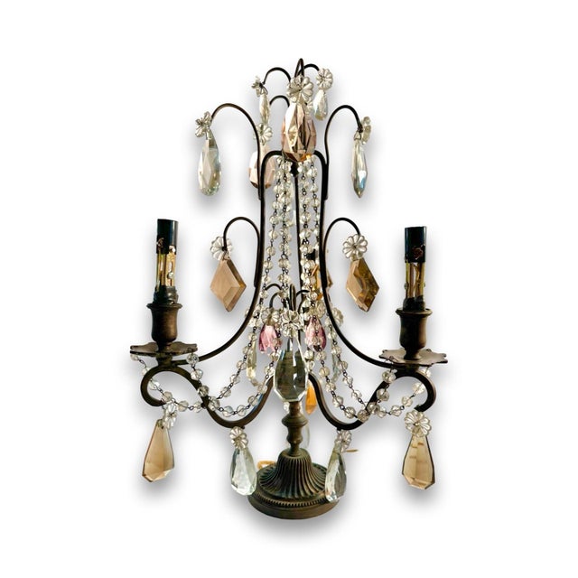 French 1930s French 3 Light Crystal Girondles, a Pair, Original Colored Crystals For Sale - Image 3 of 10