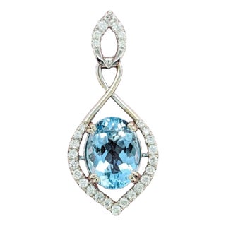 3Ct Aquamarine Pendant With Natural Diamonds in Solid 14k Gold, 11x9mm For Sale