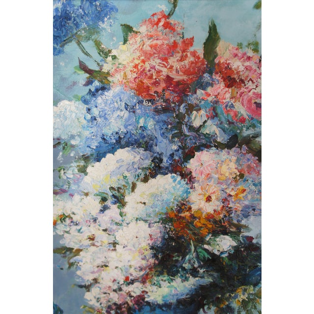 Blue 20th Century Still Life Oil Painting Bouquet of Flowers in Blue Vase Framed 43" For Sale - Image 8 of 12