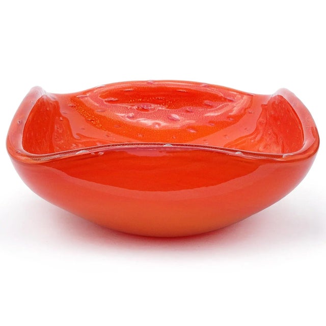 Murano Vintage Murano Barbini Orange Gold Flecks Bubbles Italian Art Glass Midcentury Centerpiece Bowl For Sale - Image 4 of 5