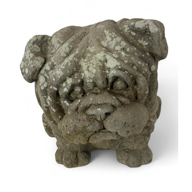 Full of charm and presence, this vintage cast stone bulldog statue sports personality and patina. Measuring 19" wide and...