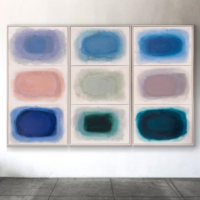 A commanding nine-panel color field assemblage presented as three vertically structured landscape inspired triptychs, this...