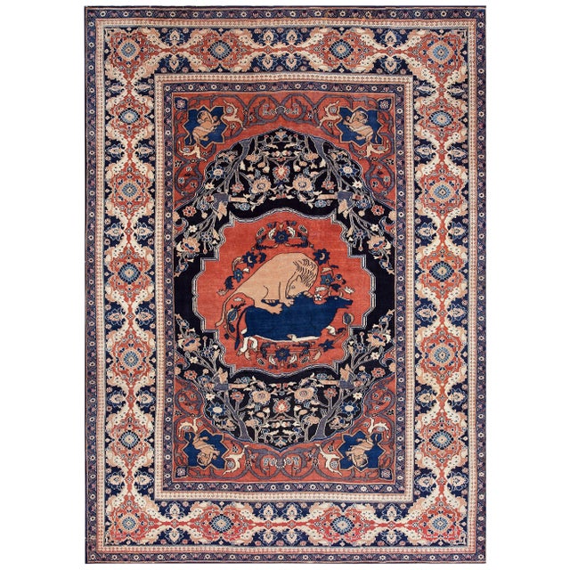1880s Red Animal Hunting Scene Antique Persian Khorassan Moud Rug 9' X 11' 8" Handknotted Wool Carpet For Sale - Image 15 of 18