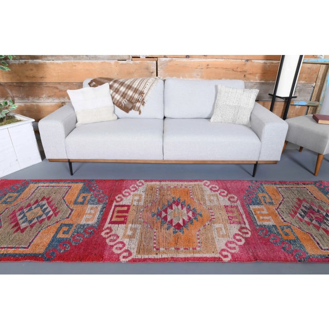 Contemporary Vintage Turkish Hand-Knotted Wool Cotton Pink Runner Rug For Sale - Image 3 of 12
