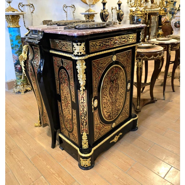 Gothic Grand Gothic Revival Display Cabinet – Ornate Black Finish With Marble Top & Gilded Gold Leaf Details For Sale - Image 3 of 3