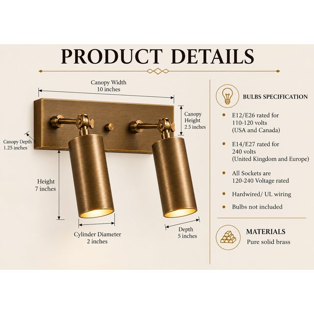 Metal Handcrafted Brass 2-Light Adjustable Wall Sconce With Cylinder Shades, Vanity & Bathroom Light For Sale - Image 7 of 8