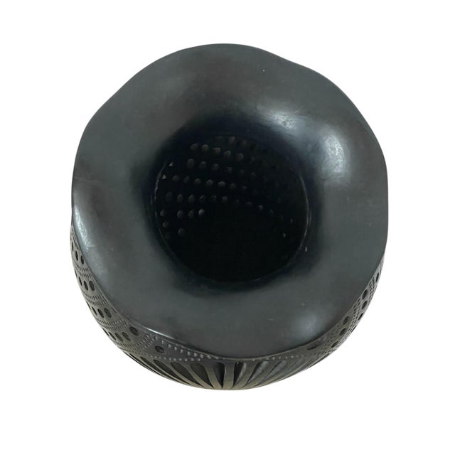 Mid 20th Century Oaxacan 9” Art Pottery Barro Negro Vase Mexico Hand Carved Black Clay Round For Sale - Image 5 of 8