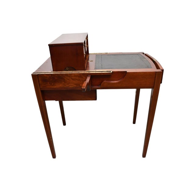 Traditional 1950s Ladies Mahogany Metamorphic Leather Top Writing Desk, Drop Leaf Table For Sale - Image 3 of 13
