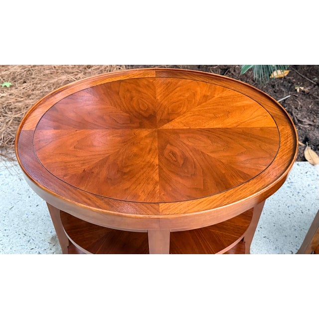 Vintage Walnut Two-Tiered End Tables, Side Tables With Starburst Veneer Top - Pair For Sale - Image 10 of 12