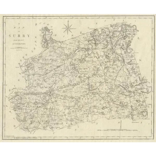 Large Antique County Map of Surrey, England, 1805 For Sale - Image 3 of 6