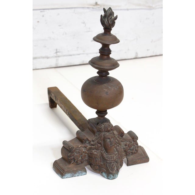 French Pair of Ornate French Bronze Figural Chenets Andirons For Sale - Image 3 of 8