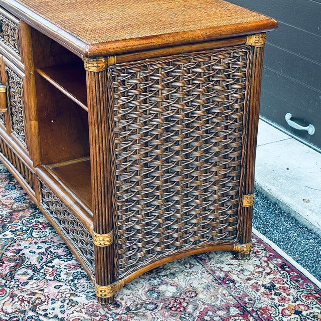 American Rattan Tahiti Media Console or Credenza With Leather Wrapped ...