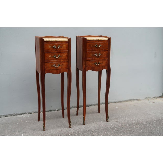 Brown Pair of French Antique Narrow Rosewood Inlaid Side Tables Nightstands For Sale - Image 8 of 13