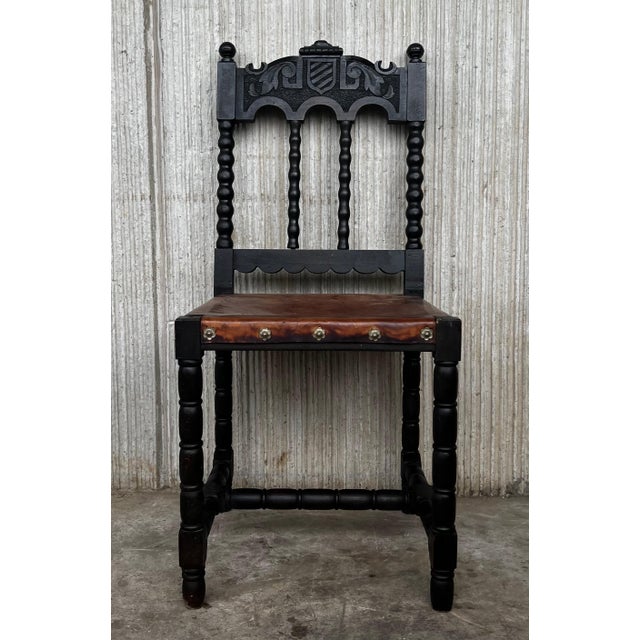 19th Carved French Oak Brown Leather Lion Dining Chairs, Henry II For Sale - Image 16 of 18