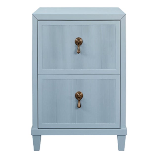 Matthew Izzo Home Novalie Light Blue Matte Lacquer Fluted Front Side Table With Antique Brass Drawer Pulls For Sale