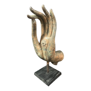 Late 20th Century Chinese Art Very Large Bronze Buddha Hand With Wooden Base