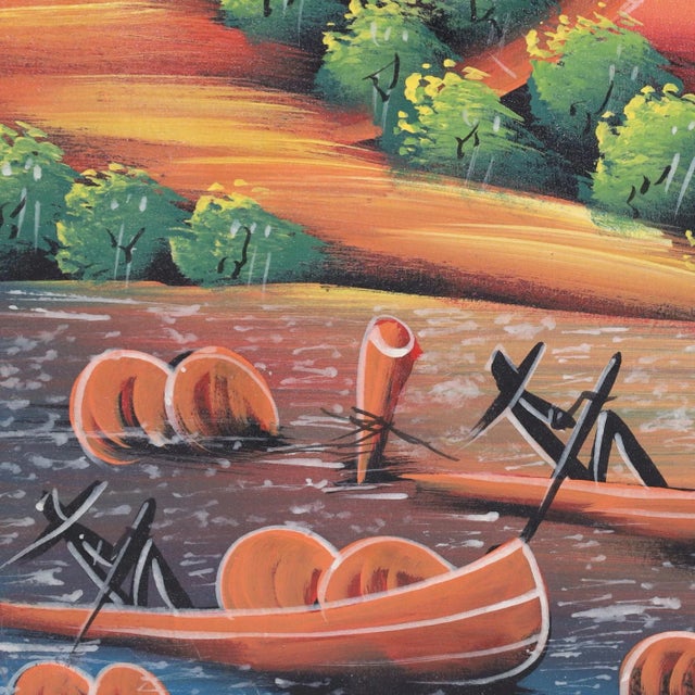 Blue Vintage Haitian Painting Boats in Sunset by M. Mar For Sale - Image 8 of 9