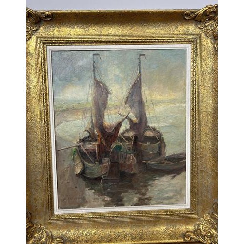 This beautiful Vintage French signed painting presents a striking coastal scene featuring boats gathered along the...