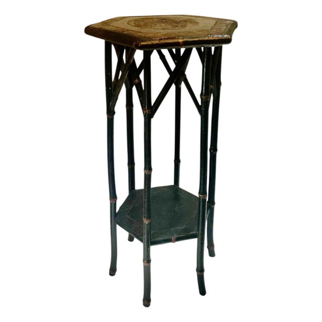 Early 1900s English Art Nouveau Bamboo Plant Stand With Carved Floral Top For Sale