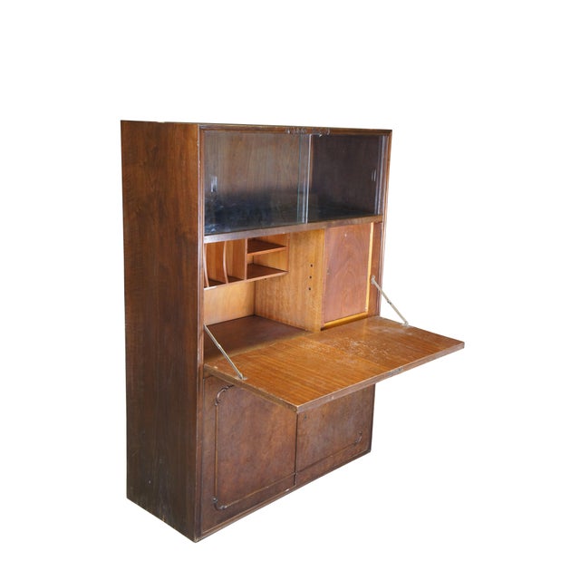 Mid-Century Modern 1940s Mid Century Walnut Burl Carved Secretary Writing Desk Bookcase Bureau Cabinet For Sale - Image 3 of 12