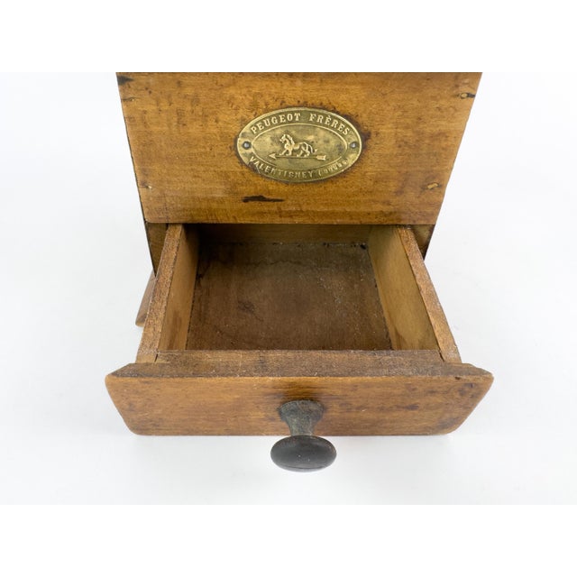 Antique French Peugeot Frères Wooden Coffee Grinder With Brass Hopper – Early 20th Century For Sale - Image 4 of 12
