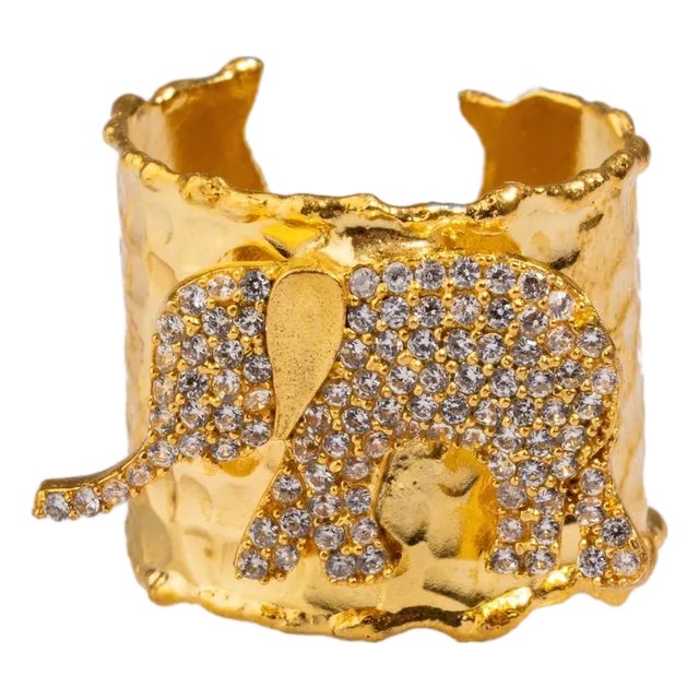 Guardian Diamond Elephant Gold Chunky Adjustable Ring, Size 4 For Sale