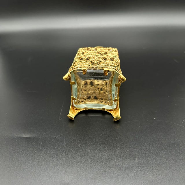 Vintage Hollywood Regency Ormolu Filigree Gold Gilt Vanity Accessories Set Perfume Bottles & Soap Dish 3 Pieces For Sale - Image 10 of 12