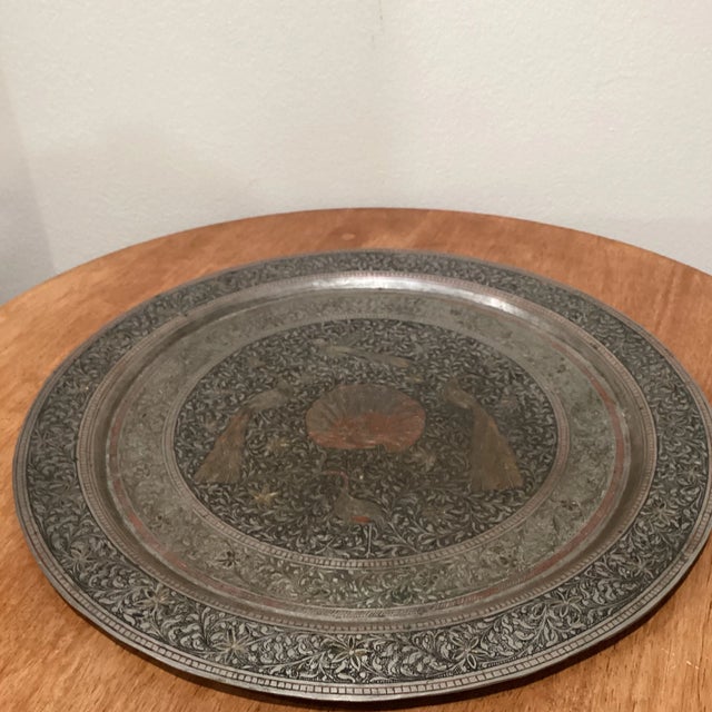 Persian Mid Century Large Engraved Tinned Copper Round Tray For Sale - Image 3 of 13