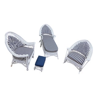 Antique Bar Harbor Wicker Patio Set in White & Navy c.1920 For Sale