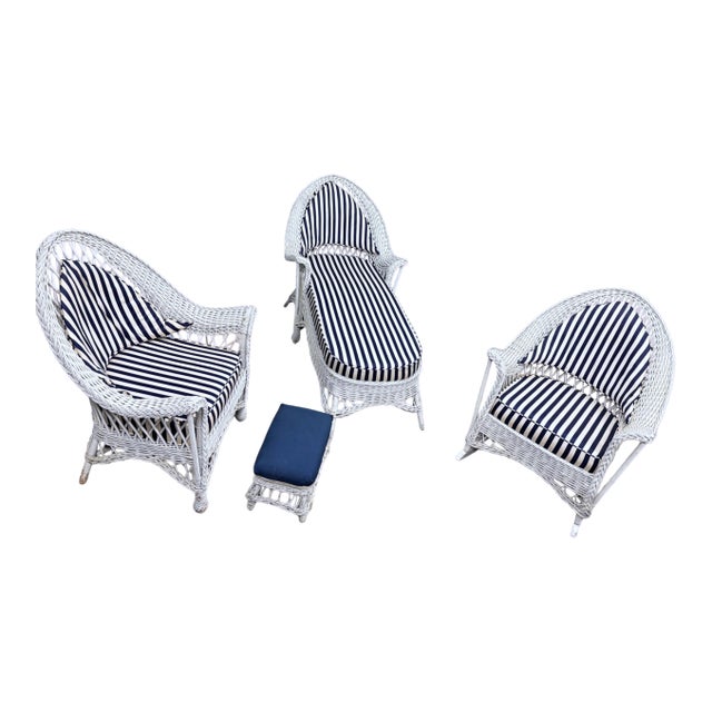 Antique Bar Harbor Wicker Patio Set in White & Navy c.1920 For Sale
