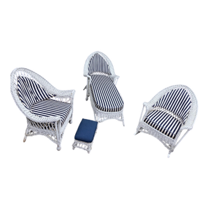 Antique Bar Harbor Wicker Patio Set in White & Navy c.1920