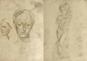 Pair of Vintage Figurative Charcoal Studio Sketches/Michelangelo Dying Slave(1946)