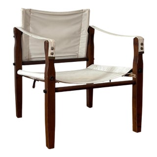 Vintage Safari Lounge Chair – Danish Modern Style, Canvas & Wood Frame For Sale