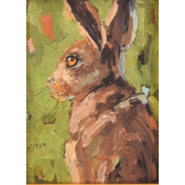 Impressionist oil painting on an artist's hardboard panel of a rabbit hare displayed in a complementary antiqued gold wood...