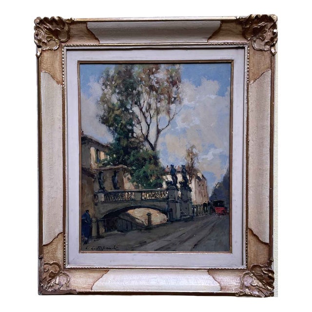 Cirano Castelfranchi, View of the Naviglio in via San Damiano, 1950s, Oil on Panel, Framed For Sale