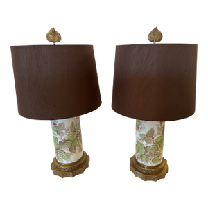 Chinese Porcelain Lamps With Brass Bases and Custom Shades -a Pair