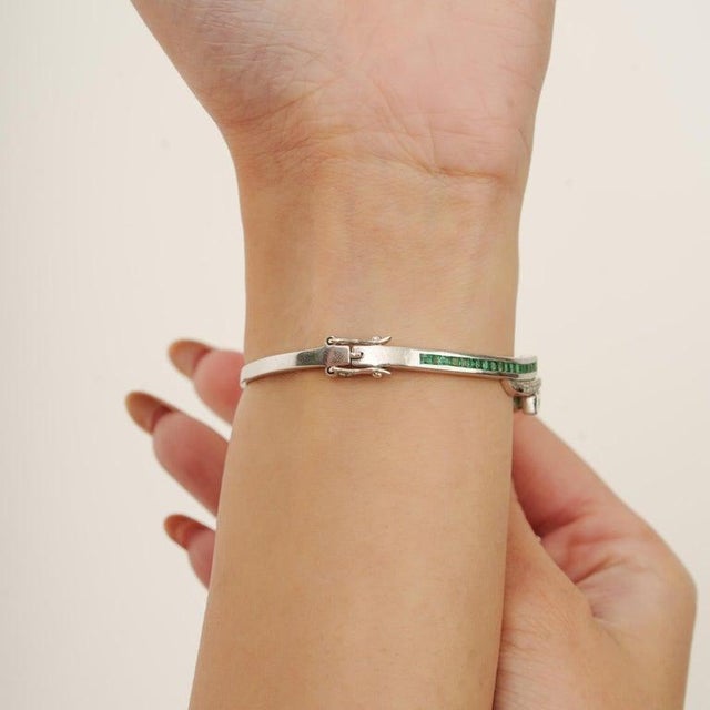 Vintage Style Emerald and Diamond Sterling Silver Bangle Bracelet For Sale - Image 6 of 11