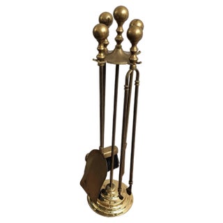 Italian Brass Fireplace Tool Set with Stand, 1980s, Set of 5 For Sale