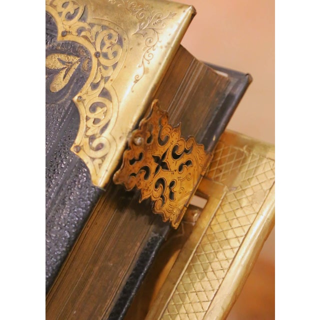 Metal 19th Century English Leather Bound Holy Bible With Brass Mounts and Clasps For Sale - Image 7 of 14