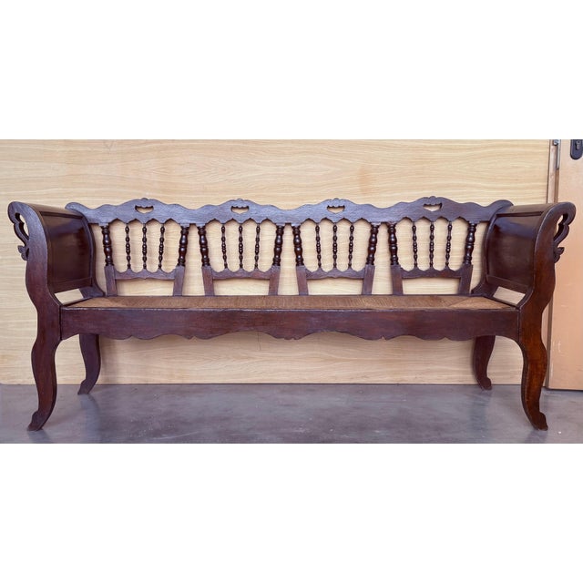 20th Century Large Catalan Bench in Walnut with Caned Seat For Sale - Image 10 of 18