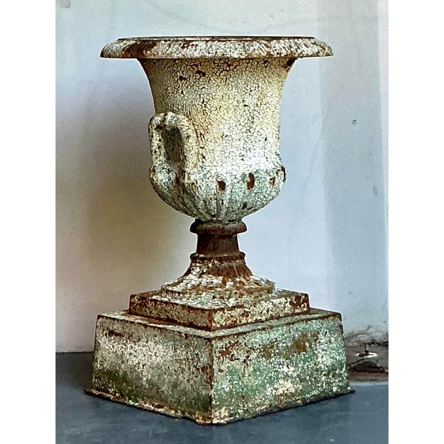 Shabby Chic Vintage Regency Distressed Wrought Iron Urn For Sale - Image 3 of 7