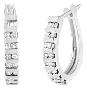 10K White Gold 1.0 Cttw Round and Baguette-Cut Diamond Hoop Earrings