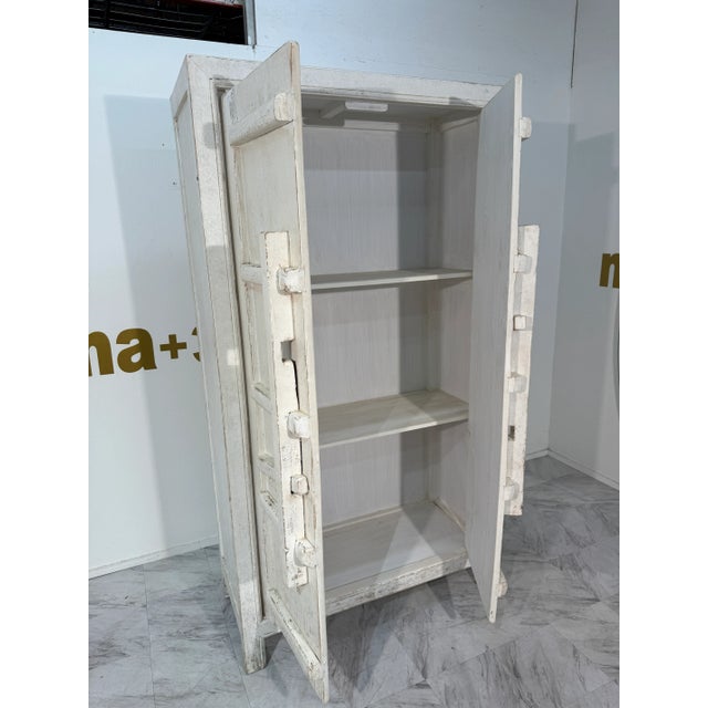 1960s 1960s Set of 2 Rustic Whitewashed Wooden Armoire With Geometric Relief Doors For Sale - Image 5 of 10