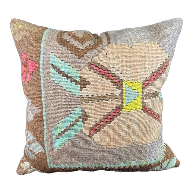 Turkish Hemp Pillow Cushion Natural Mint Green Brown Pillow Cushion Cover 24"x24" For Sale